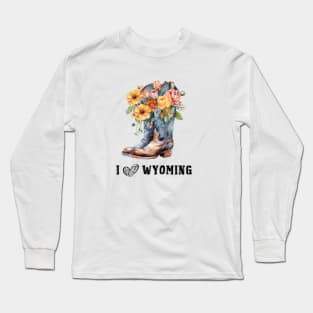 I Love Wyoming Boho Cowboy boots with Flowers Long Sleeve T-Shirt